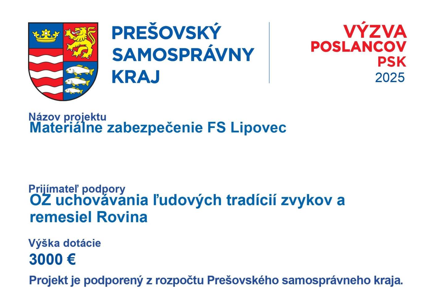 Podpora z PSK pre náš projekt – FS Lipovec